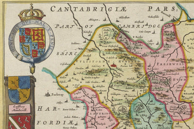 Mapa antiguo de Essex, 1665 por Joan Blaeu - Southend, Colchester, Chelmsford, Basildon, Romford, Braintree, Norte de Londres