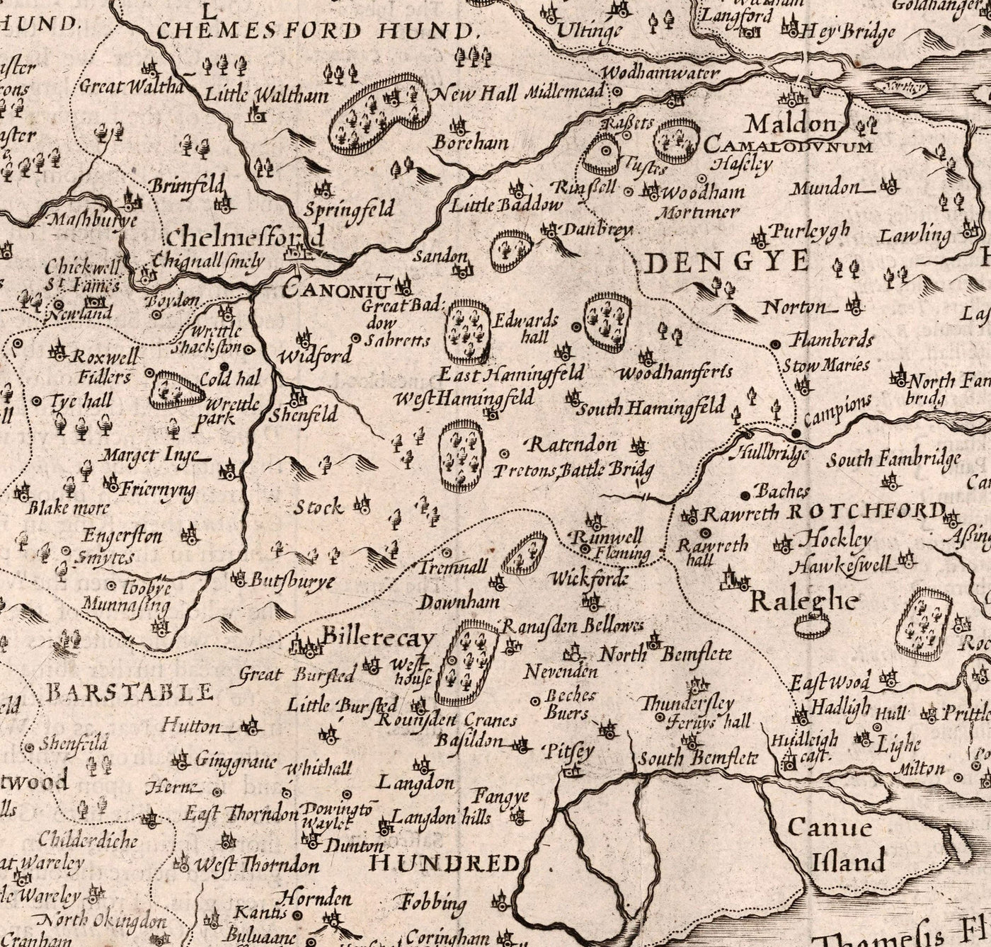 Alte Karte von Essex im Jahre 1611 von John Speed ​​- Southend, Colchester, Chelmsford, Bassiladon