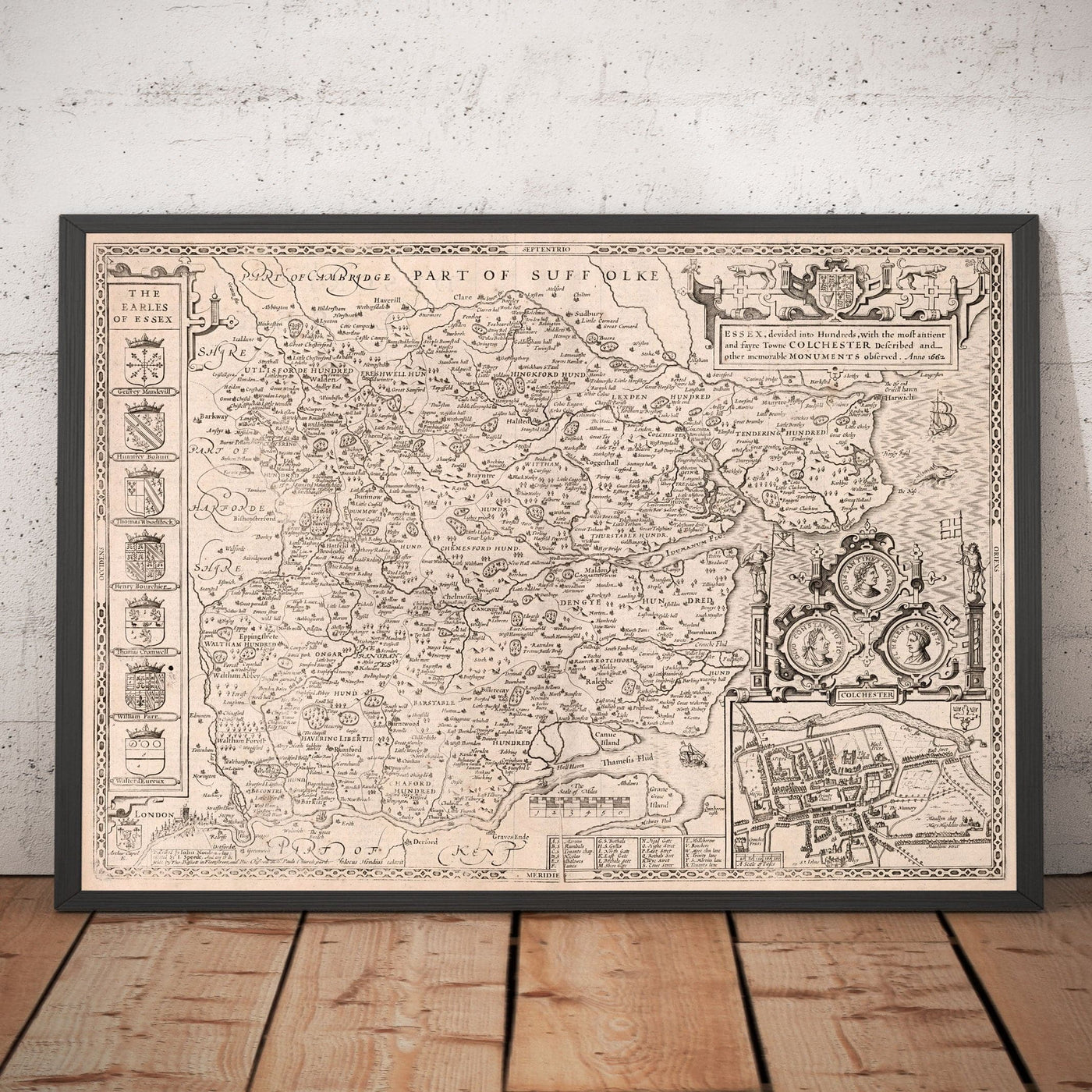 Ancienne carte d'Essex en 1611 par John Vitesse - Southend, Colchester, Chelmsford, Basildon