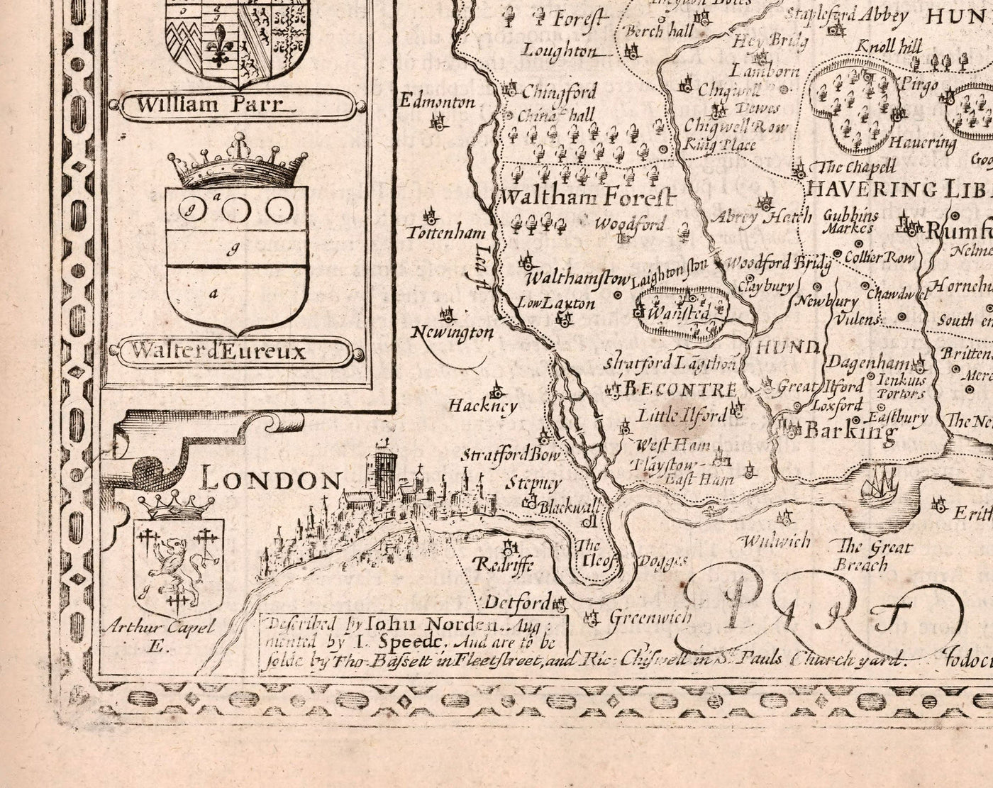 Alte Karte von Essex im Jahre 1611 von John Speed ​​- Southend, Colchester, Chelmsford, Bassiladon