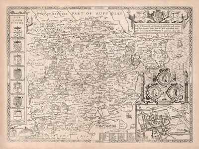 Ancienne carte d'Essex en 1611 par John Vitesse - Southend, Colchester, Chelmsford, Basildon