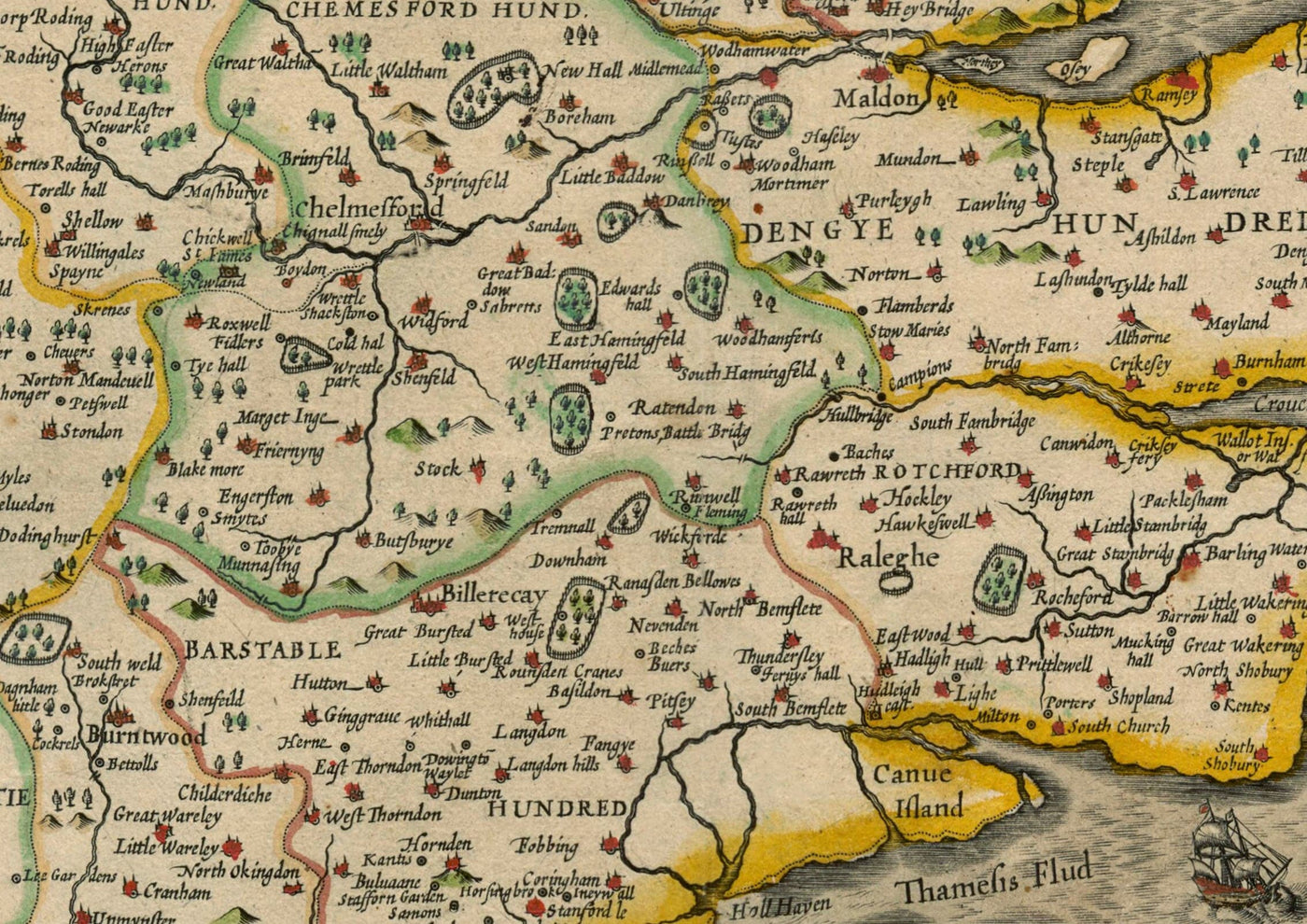 Alte Karte von Essex von John Speed ​​1611 - Southend, Colchester, Chelmsford, Basldon, Romford