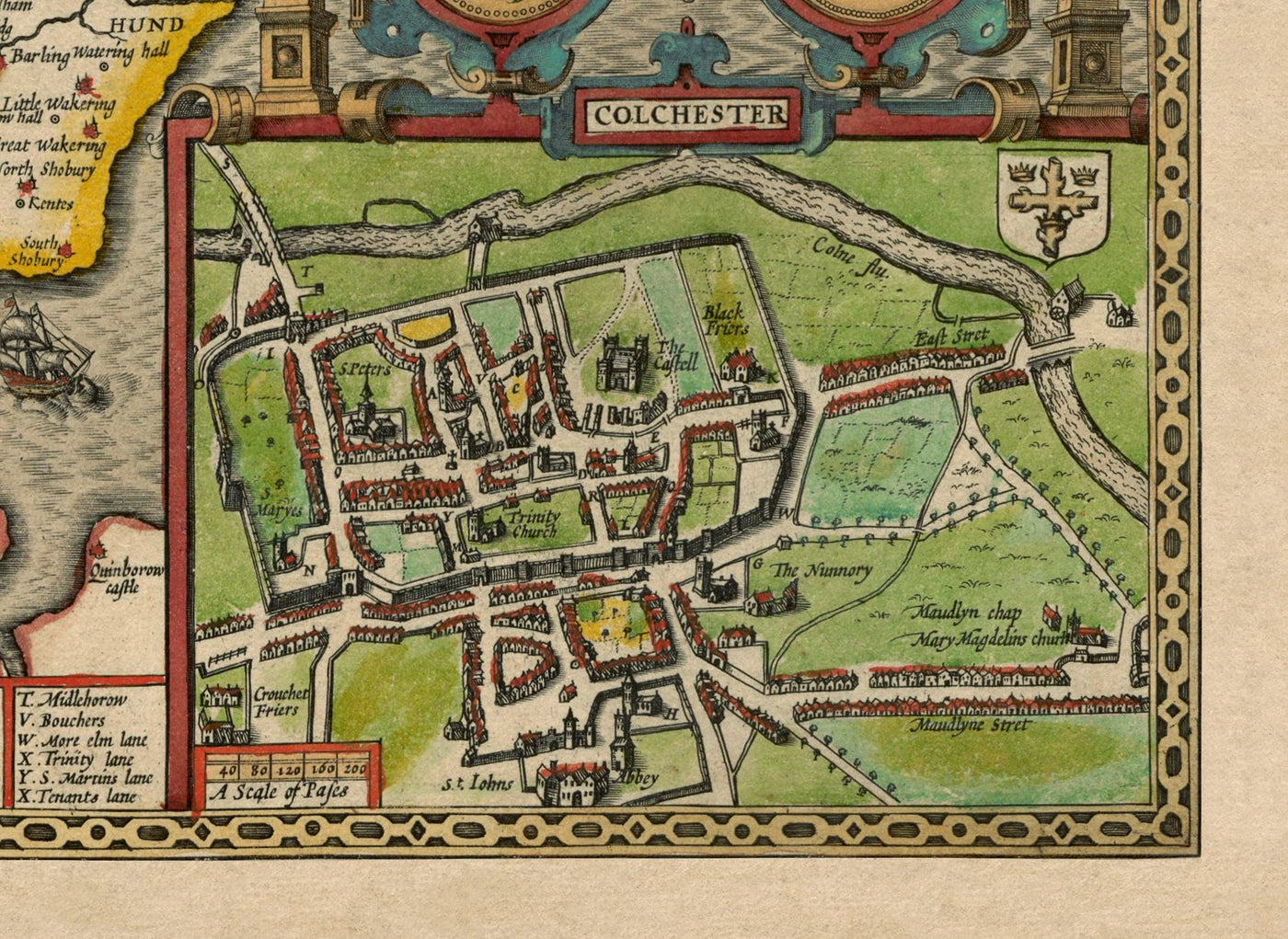 Ancienne carte d'Essex de John Vitesse 1611 - Southend, Colchester, Chelmsford, Basildon, Romford