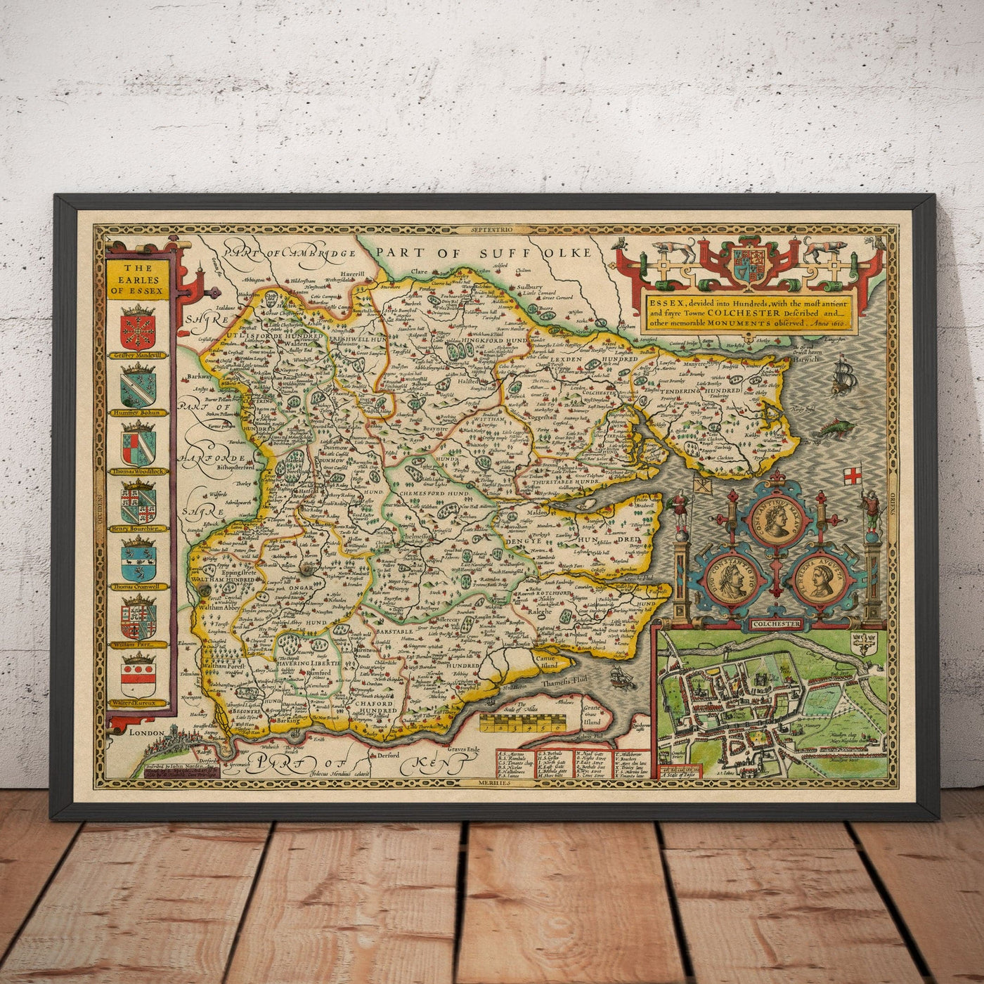 Ancienne carte d'Essex de John Vitesse 1611 - Southend, Colchester, Chelmsford, Basildon, Romford