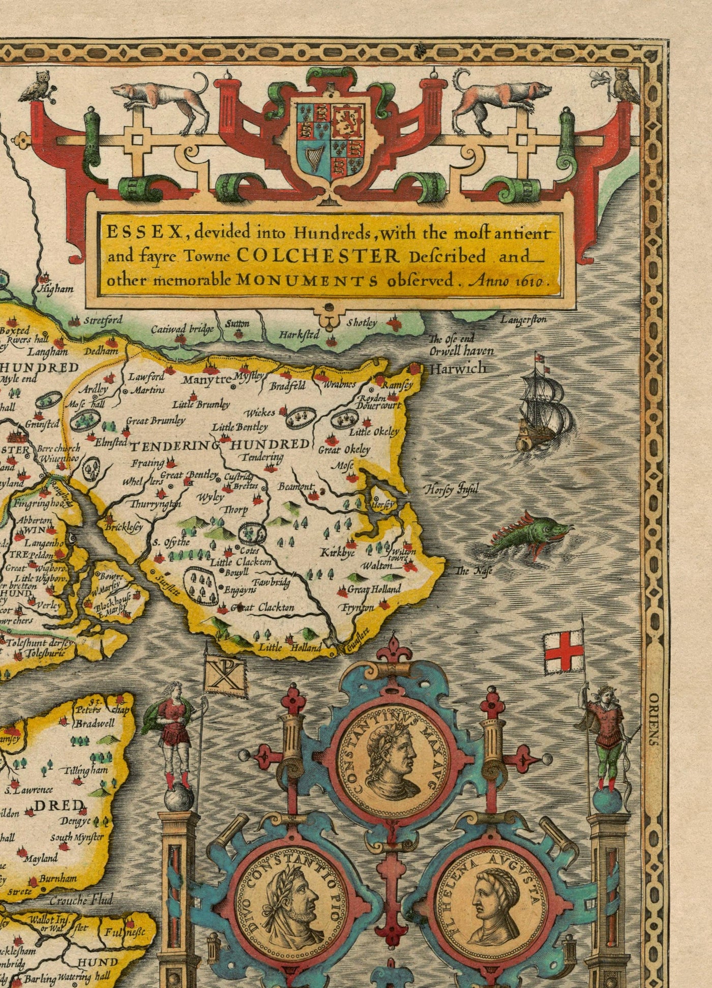 Viejo mapa de Essex por John Speed ​​1611 - Southend, Colchester, Chelmsford, Basildon, Romford