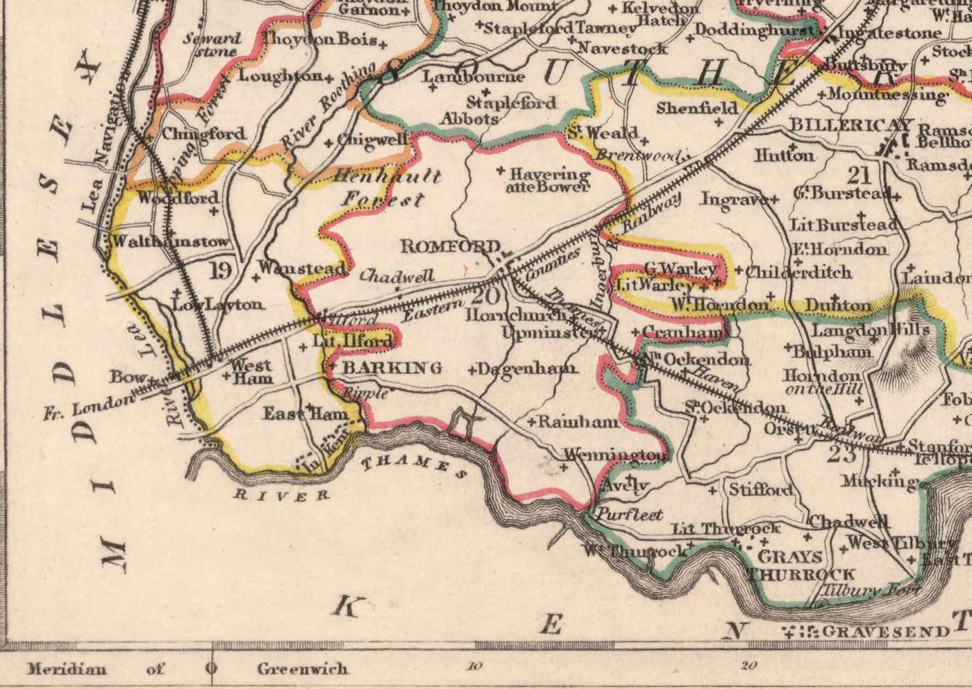 Alte Karte von Essex, 1844 von Samuel Lewis - Great Eastern Railway, ECR, Chelmsford, Colchester