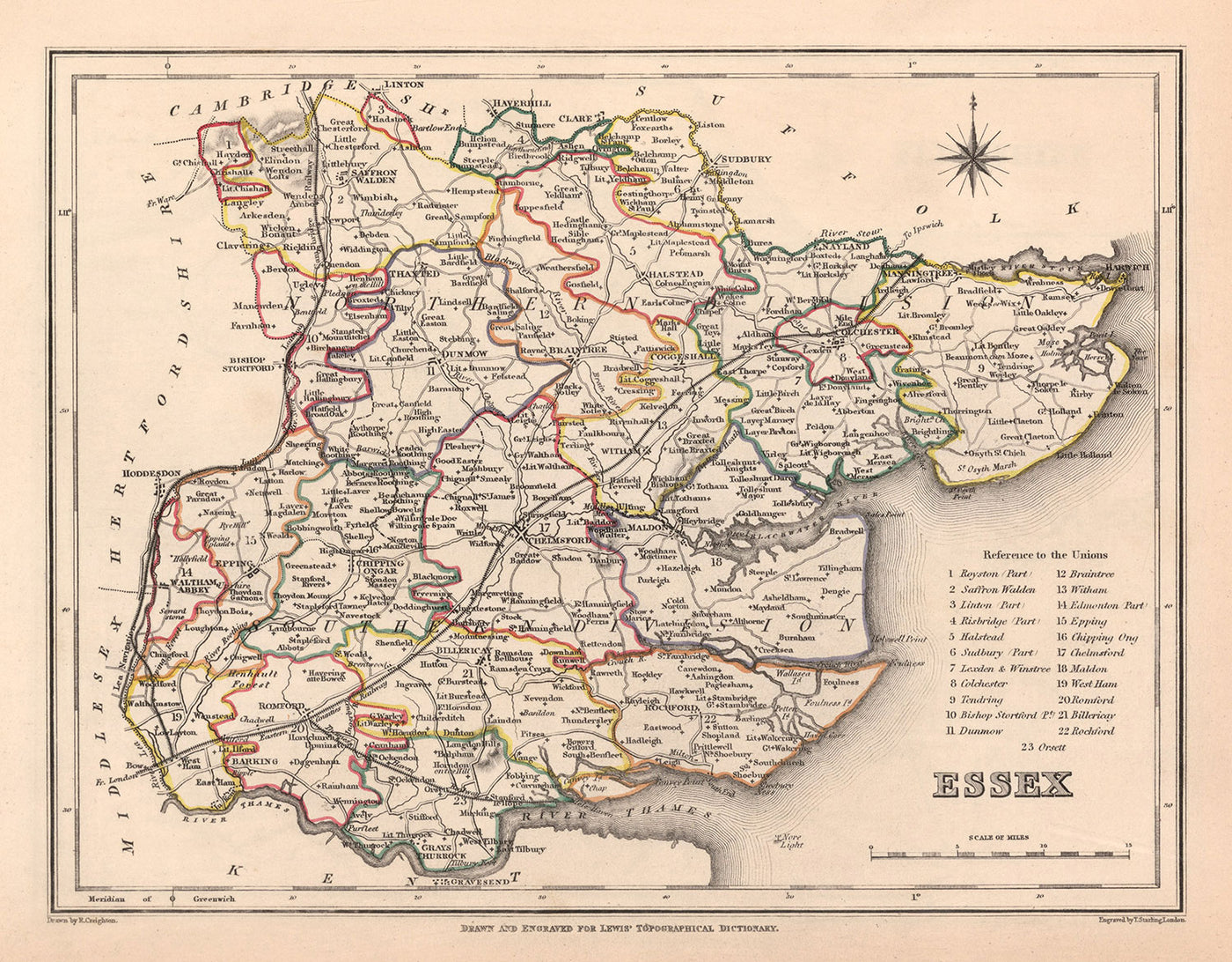 Alte Karte von Essex, 1844 von Samuel Lewis - Great Eastern Railway, ECR, Chelmsford, Colchester