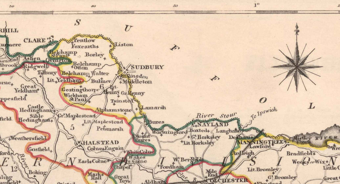 Ancienne carte de l'Essex, 1844, par Samuel Lewis - Great Eastern Railway, ECR, Chelmsford, Colchester