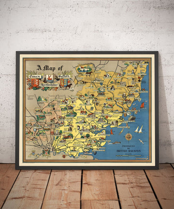 Mapa antiguo de Essex, Suffolk, Hertfordshire, 1948 - Gráfico pictórico ferroviario británico - Colchester, Southend, St Albans