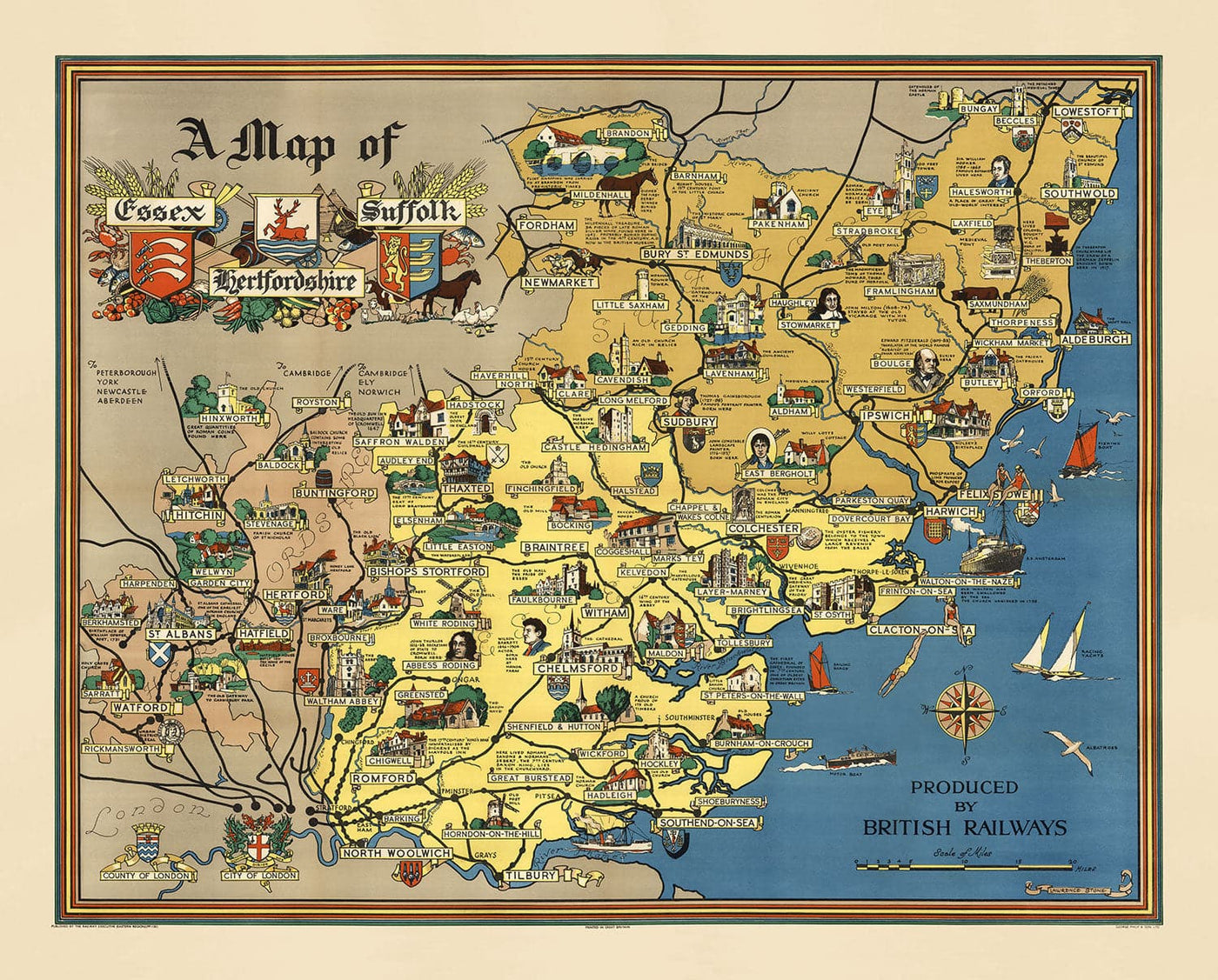Alte Karte von Essex, Suffolk, Hertfordshire, 1948 - Britische Eisenbahn-Bild-Grafik - Colchester, Southend, St Albans