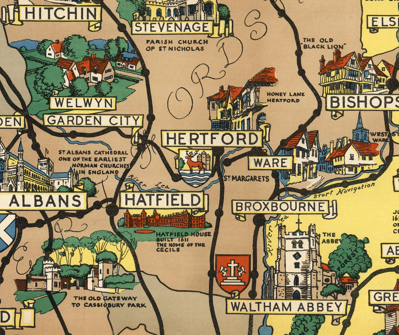 Mapa antiguo de Essex, Suffolk, Hertfordshire, 1948 - Gráfico pictórico ferroviario británico - Colchester, Southend, St Albans