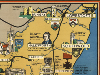 Mapa antiguo de Essex, Suffolk, Hertfordshire, 1948 - Gráfico pictórico ferroviario británico - Colchester, Southend, St Albans