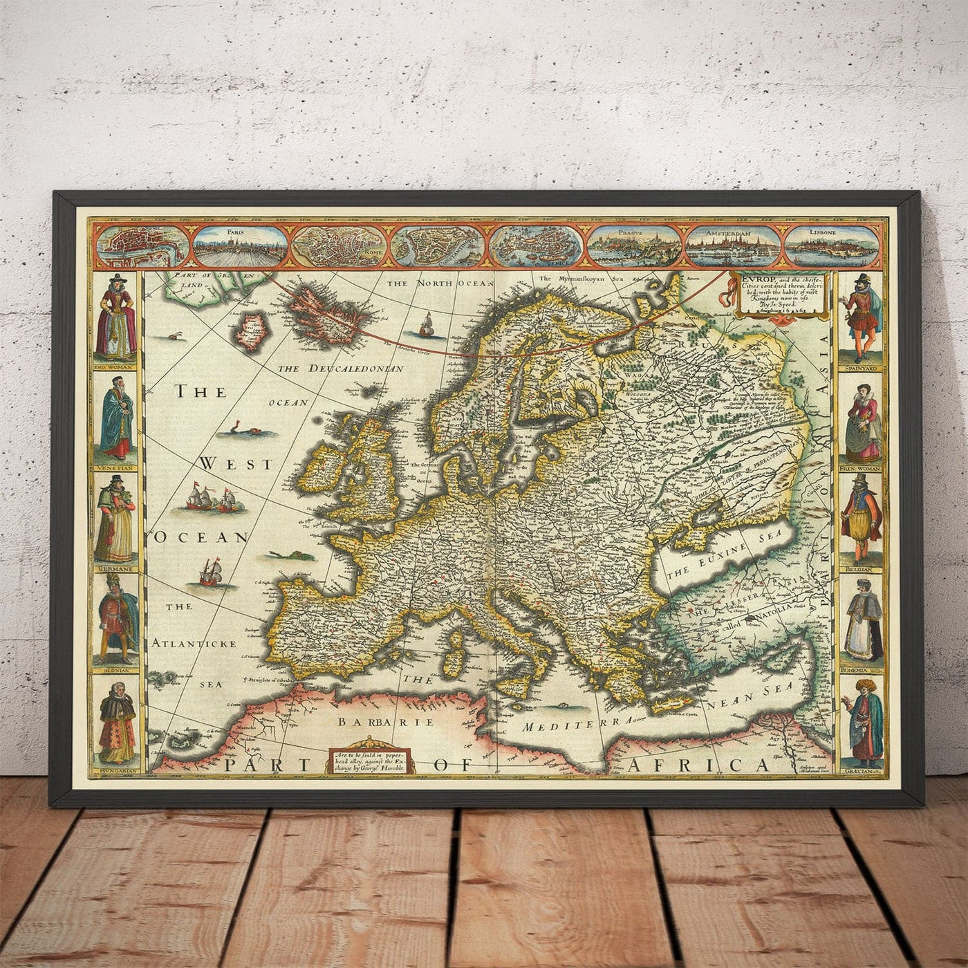 Mapa antiguo de Europa por John Speed, 1627 - Inglaterra, Francia, Alemania, Italia, Rusia - Ciudades, Ropa Jacobean