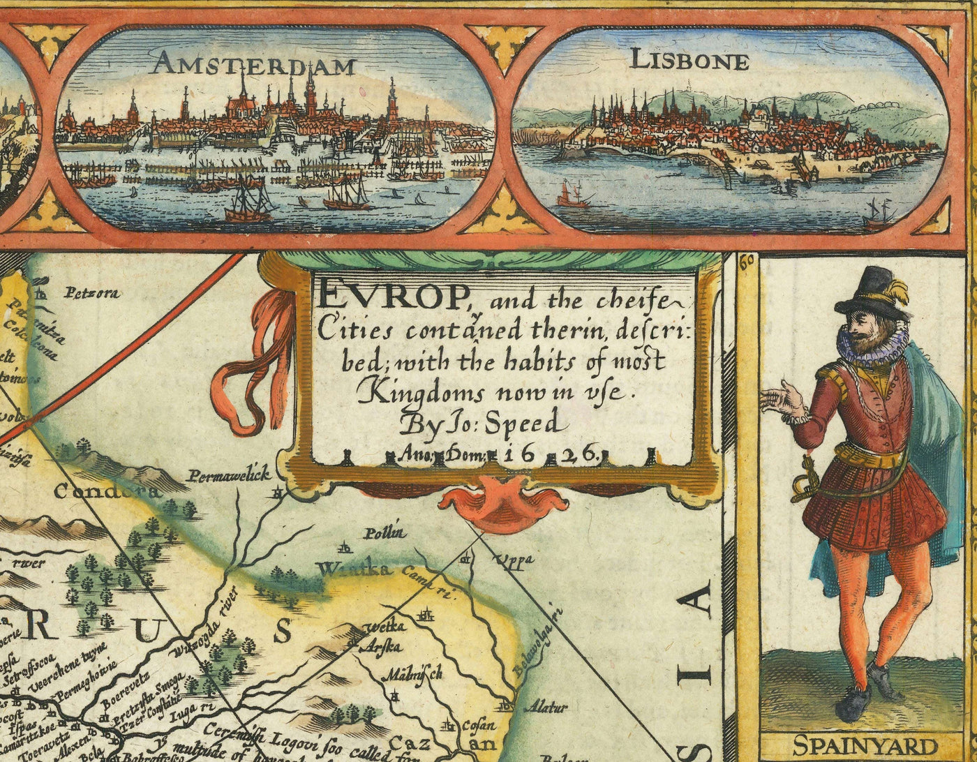 Ancienne carte de John Vitesse, 1627 - Angleterre, France, Allemagne, Italie, Russie - Villes, Vêtements Jacobéens