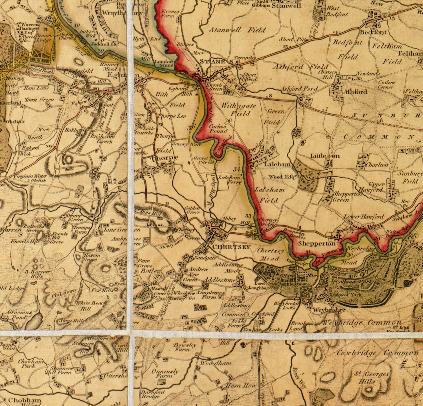 Antiguo mapa de Londres y sus alrededores (25 millas) en 1790, por W. Faden