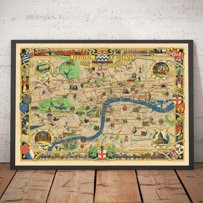 Mapa antiguo de Central Londres, 1951 - Festival de Gran Bretaña, Royal Festival Hall, Lugares de interés, South Bank