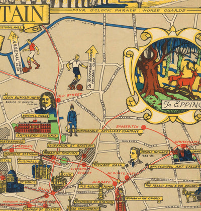 Mapa antiguo de Central Londres, 1951 - Festival de Gran Bretaña, Royal Festival Hall, Lugares de interés, South Bank