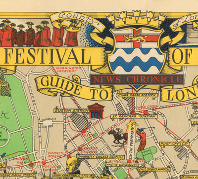 Ancienne carte du centre de Londres, 1951 - Festival de la Grande-Bretagne, Hall du Festival Royal, Points de repère, South Bank