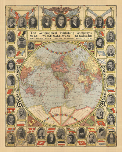 Antiguo mapa de la Tierra Plana con líderes mundiales, 1921 - Vías de navegación, Stalin, Mussolini, el rey Jorge, Hoover
