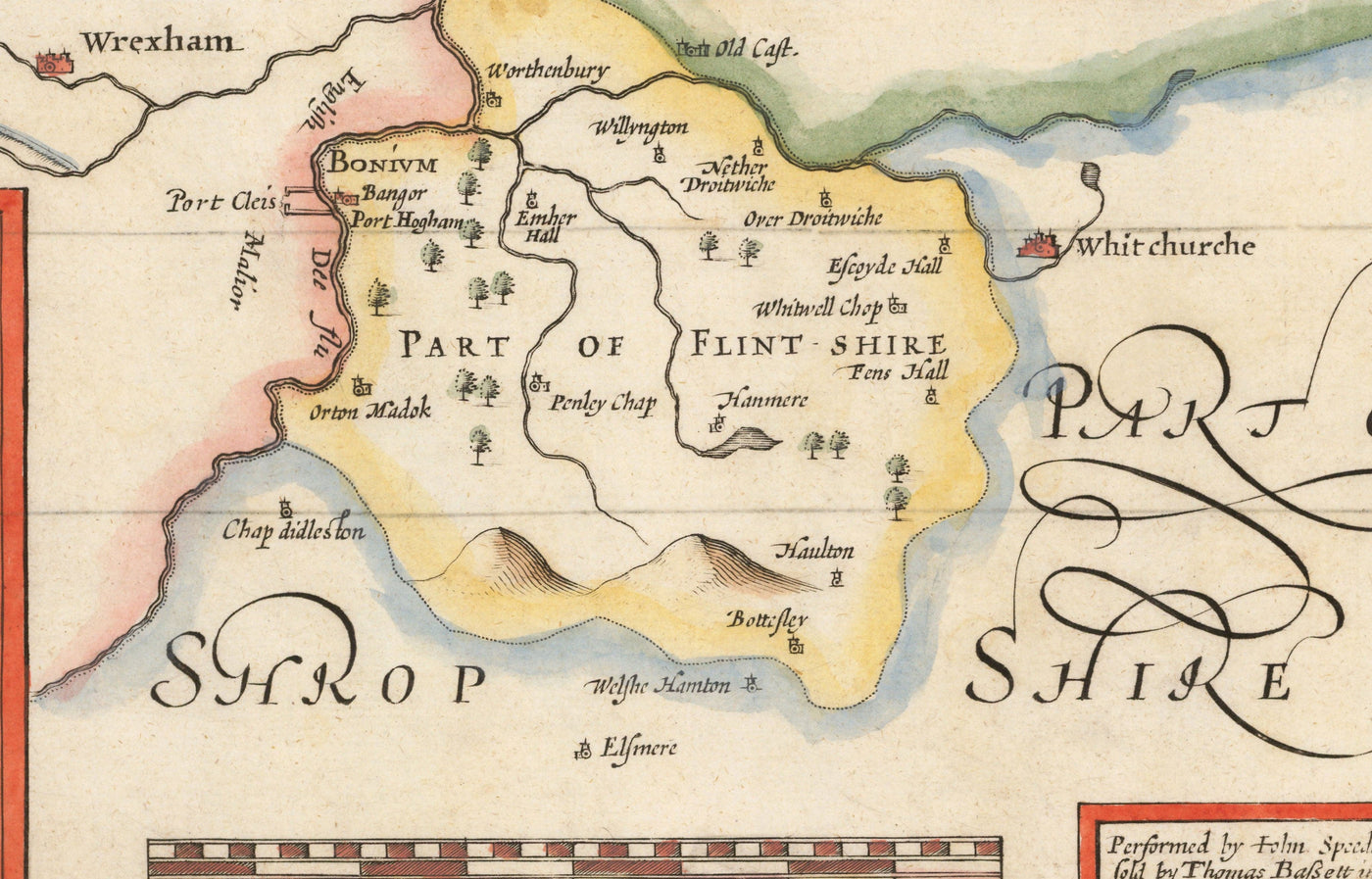 Ancienne carte de Flintshire Wales, 1611 par John Speed ​​- Flint, Molle, Chester, Wrexham