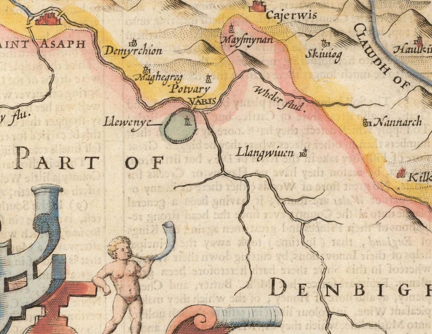Viejo mapa de Flintshire Gales, 1611 por John Speed ​​- Flint, Molde, Chester, Wrexham