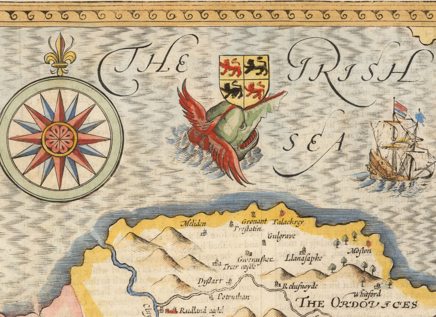 Viejo mapa de Flintshire Gales, 1611 por John Speed ​​- Flint, Molde, Chester, Wrexham
