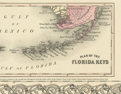 Ancienne carte de Floride en 1855 par Colton - Keys, Panhandle, Jacksonville, Tampa, Dade, Tallahassee, Ft Lauderdale