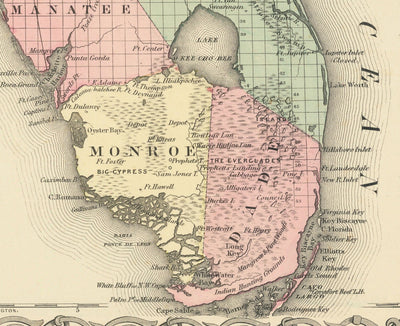 Ancienne carte de Floride en 1855 par Colton - Keys, Panhandle, Jacksonville, Tampa, Dade, Tallahassee, Ft Lauderdale