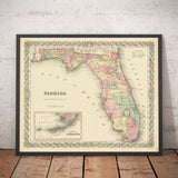 Mappa antica della Florida nel 1855 di Colton - Keys, Panhandle, Jacksonville, Tampa, Dade, Tallahassee, Ft Lauderdale 