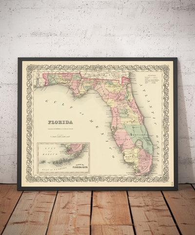 Mapa antiguo de Florida en 1855 por Colton - Llaves, Panhandle, Jacksonville, Tampa, Dade, Tallahassee, Ft Lauderdale