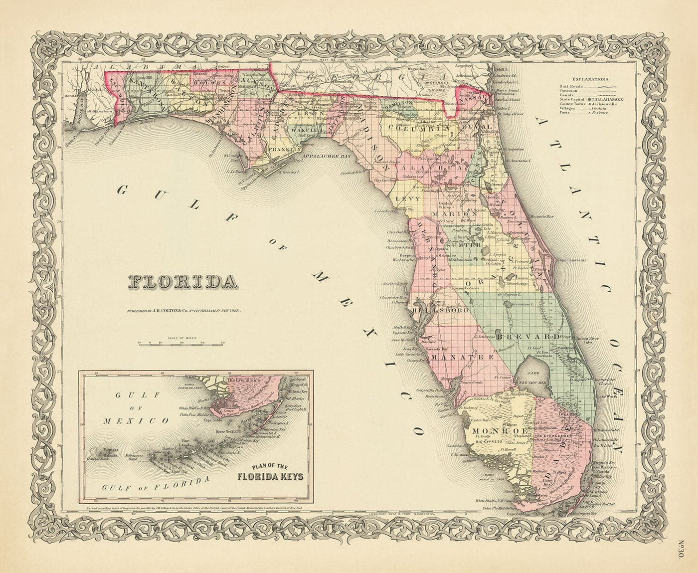 Mapa antiguo de Florida en 1855 por Colton - Llaves, Panhandle, Jacksonville, Tampa, Dade, Tallahassee, Ft Lauderdale