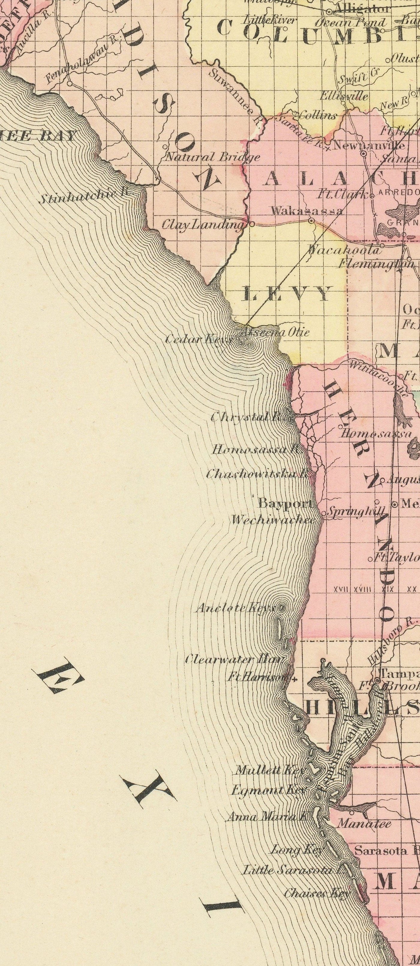Alte Karte von Florida 1855 von Colton - Keys, Panhandle, Jacksonville, Tampa, Dade, Tallahassee, Ft Lauderdale
