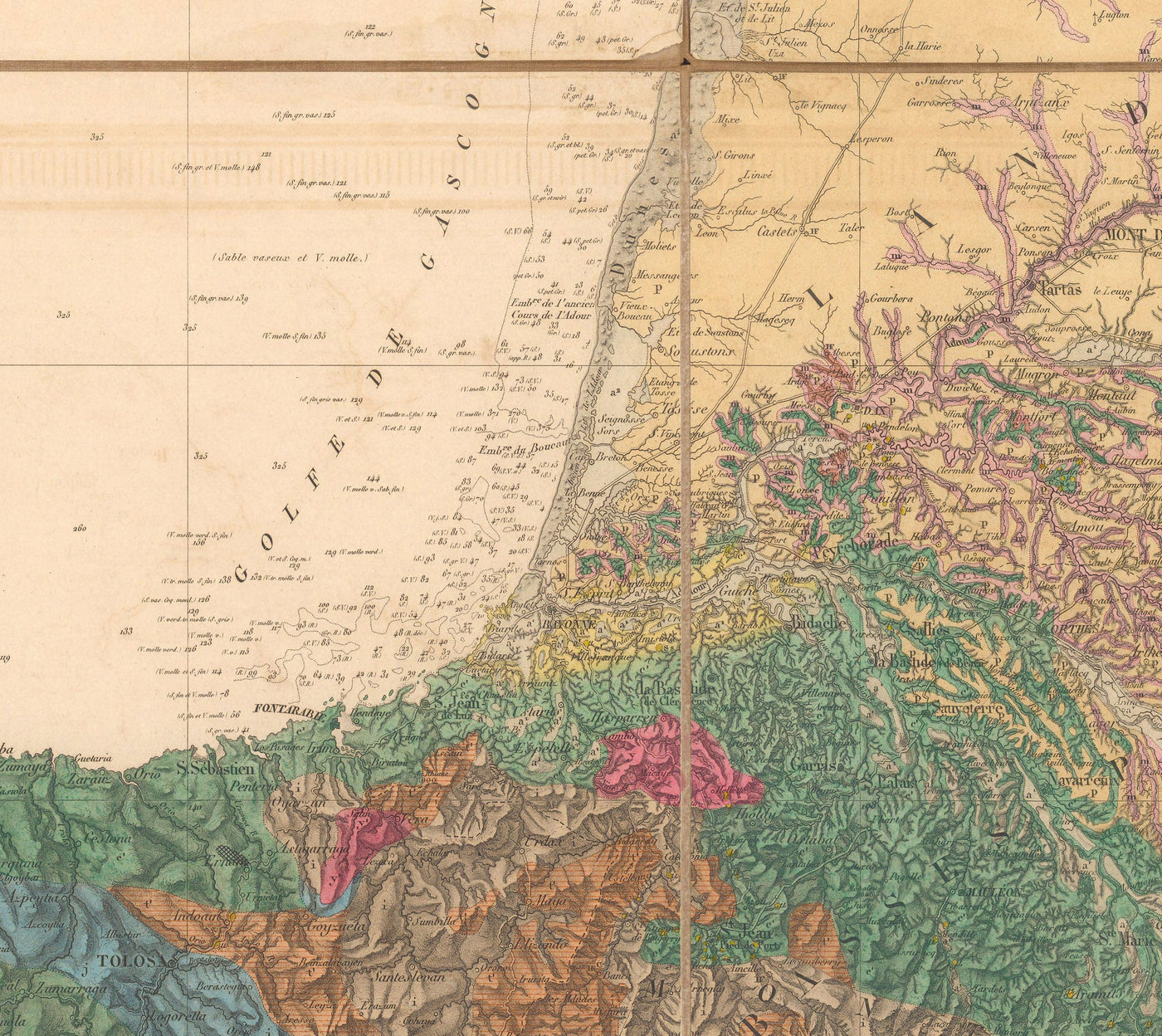 Ancienne carte géologique de la France, 1840 par André Brochant de Villiers - Europe occidentale, Belgique