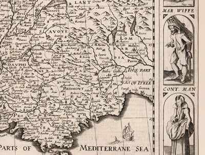Alte Karte von Frankreich, 1627 von John Speed ​​- Belgien, Normandie, Bretagne, Cote d'Azur, Pyrenäen