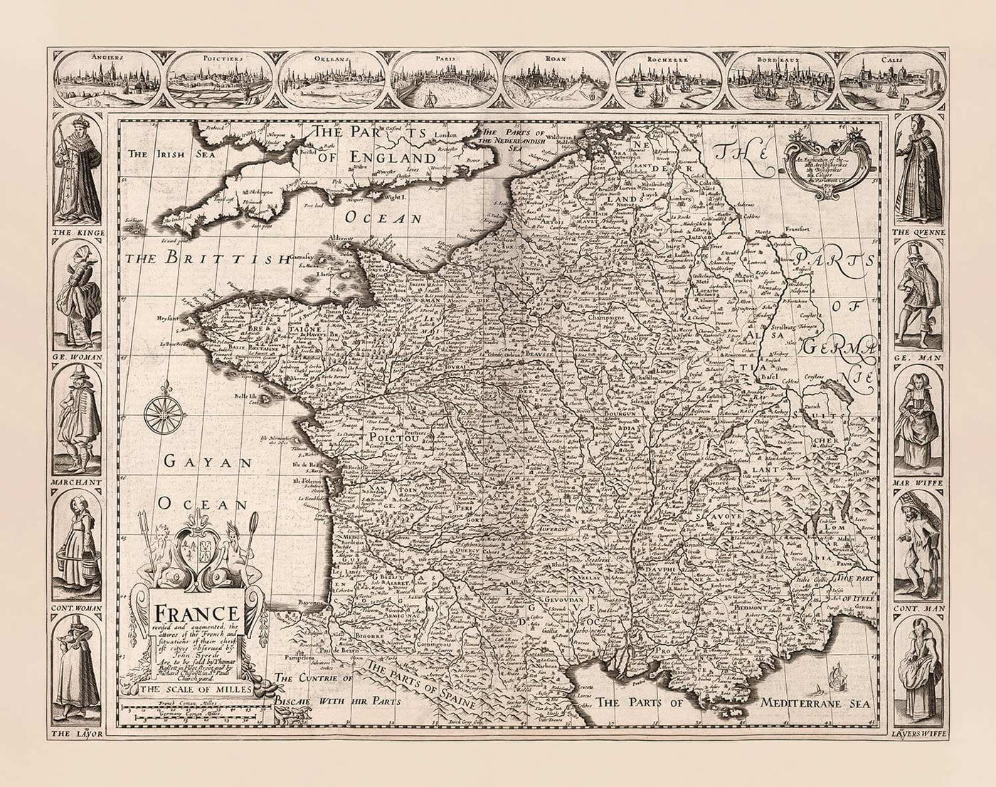 Ancienne carte de France, 1627 de John Speed ​​- Belgique, Normandie, Bretagne, Côte d'Azur, Pyrénées