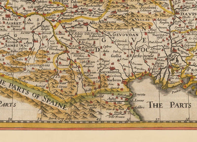 Alte handgefärterte Karte von Frankreich, 1627 von John Speed ​​- Belgien, Normandie, Bretagne, Cote d'Azur, Pyrenäen