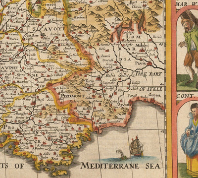 Alte handgefärterte Karte von Frankreich, 1627 von John Speed ​​- Belgien, Normandie, Bretagne, Cote d'Azur, Pyrenäen