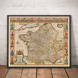 Mappa antica colorata a mano della Francia, 1627 di John Speed - Belgio, Normandia, Bretagna, Costa Azzurra, Pirenei 