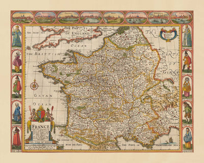 Viejo mapa a mano de Francia, 1627 por John Speed ​​- Bélgica, Normandía, Bretaña, Costa Azur, Pirineos