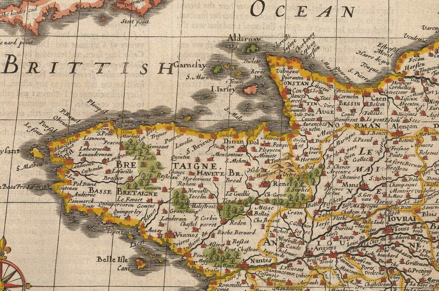 Viejo mapa a mano de Francia, 1627 por John Speed ​​- Bélgica, Normandía, Bretaña, Costa Azur, Pirineos