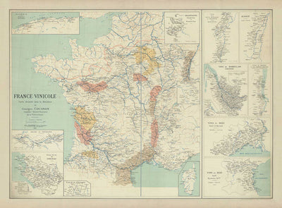 Alte Karte der französischen Weinbauregionen, 1924 - Bordeaux, Rhône, Champagne, Burgund, Elsass, Cognac