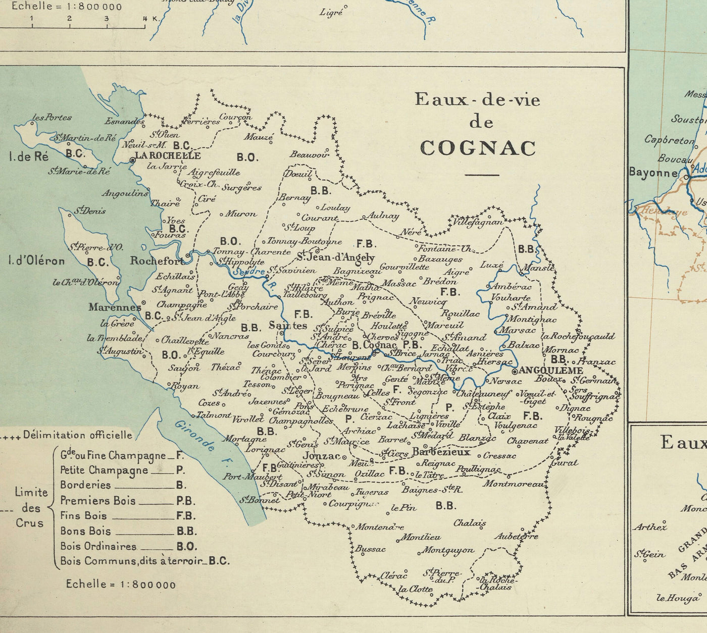 Ancienne carte des régions viticoles françaises, 1924 - Bordeaux, Rhône, Champagne, Bourgogne, Alsace, Cognac