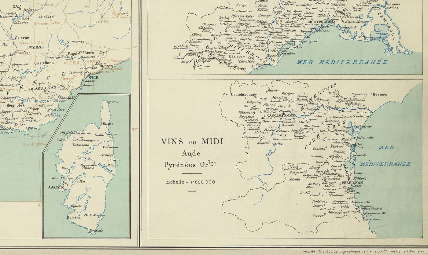Ancienne carte des régions viticoles françaises, 1924 - Bordeaux, Rhône, Champagne, Bourgogne, Alsace, Cognac