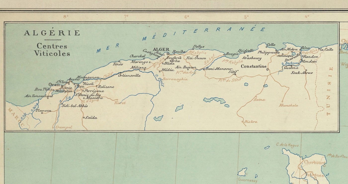 Mapa antiguo de las regiones vitícolas francesas, 1924 - Burdeos, Ródano, Champaña, Borgoña, Alsacia, Cognac