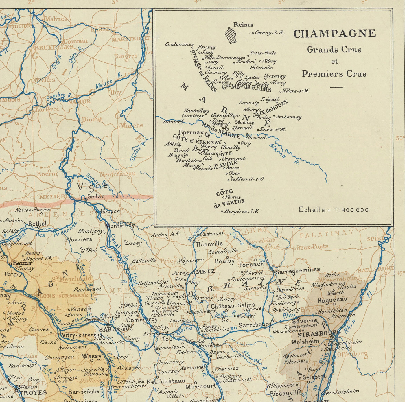 Mapa antiguo de las regiones vitícolas francesas, 1924 - Burdeos, Ródano, Champaña, Borgoña, Alsacia, Cognac