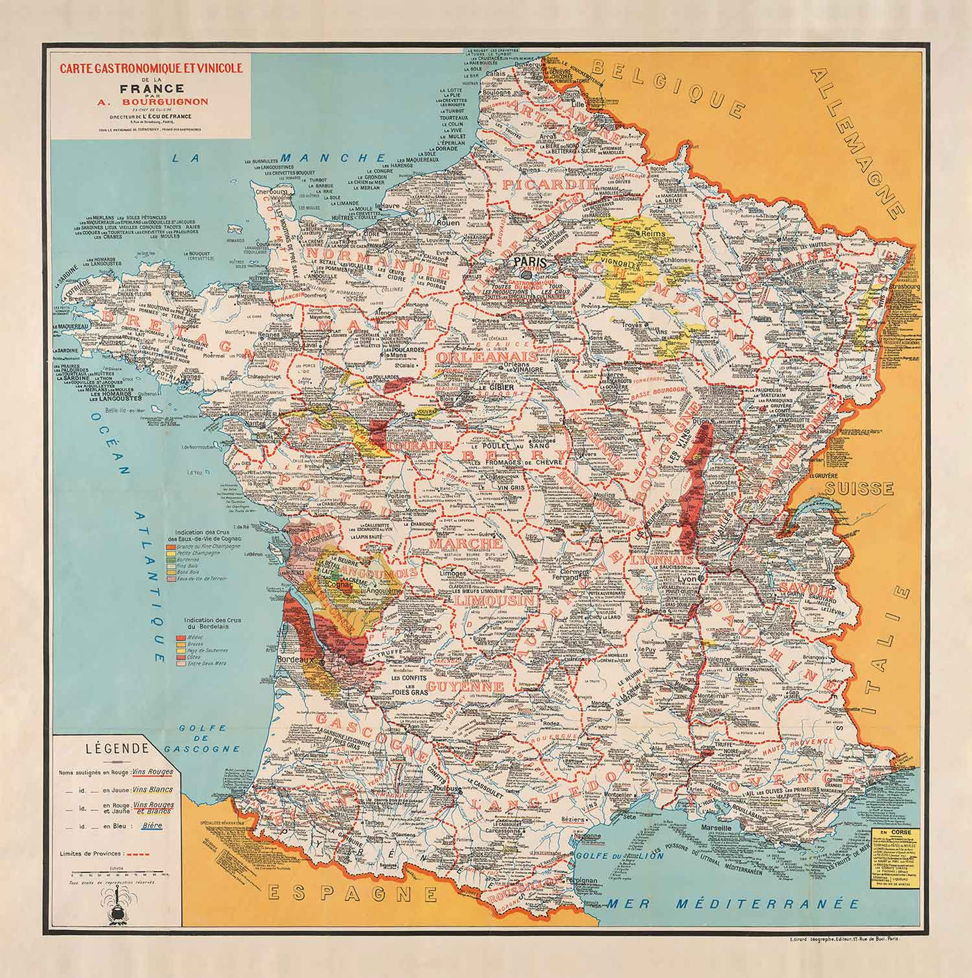 Ancienne carte gastronomique de France en 1932 par Alain Bourguignon - Alimentation française, Michelin, Champagne, Bordeaux, Beurre, Fromage, etc.