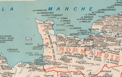 Antiguo mapa gastronómico de Francia en 1932 por Alain Bourguignon - Comida francesa, Michelin, Champagne, Burdeos, Mantequilla, Queso, etc.