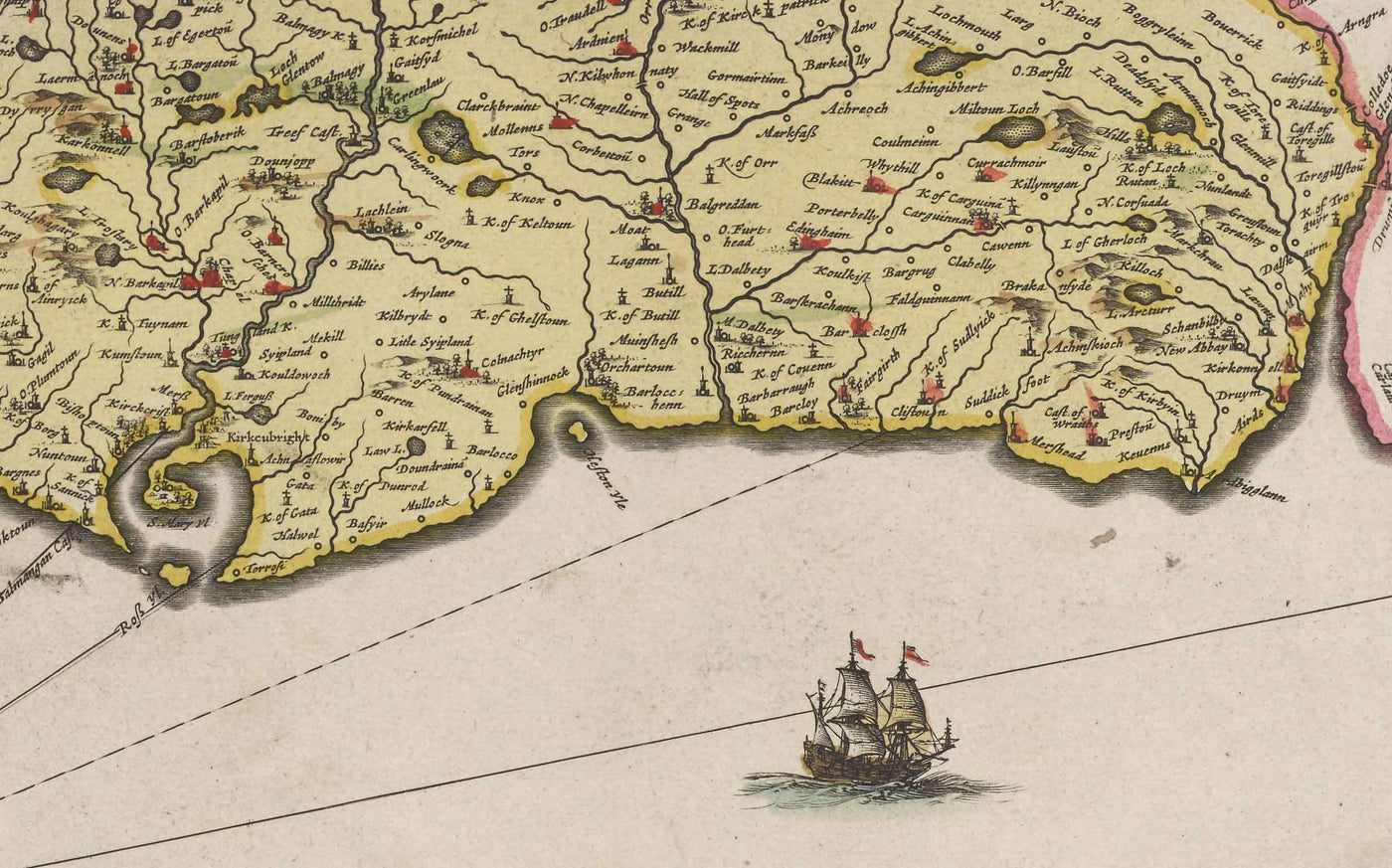 Antiguo mapa de Galloway en 1665 por Joan Blaeu - Dumfries, Glenluce, Wigtown, Whithorn, Drummore