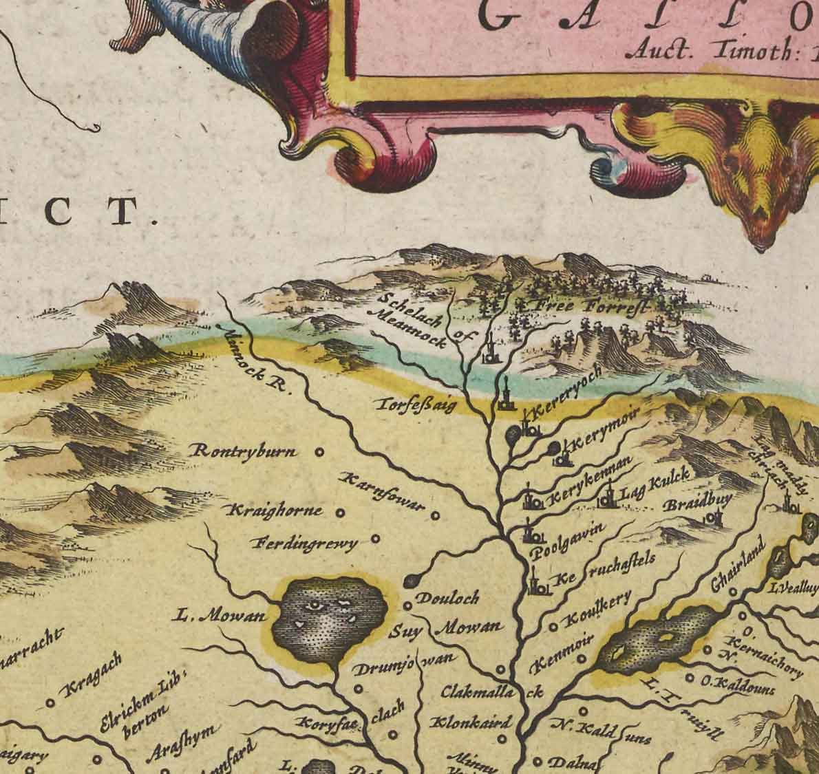 Antiguo mapa de Galloway en 1665 por Joan Blaeu - Dumfries, Glenluce, Wigtown, Whithorn, Drummore