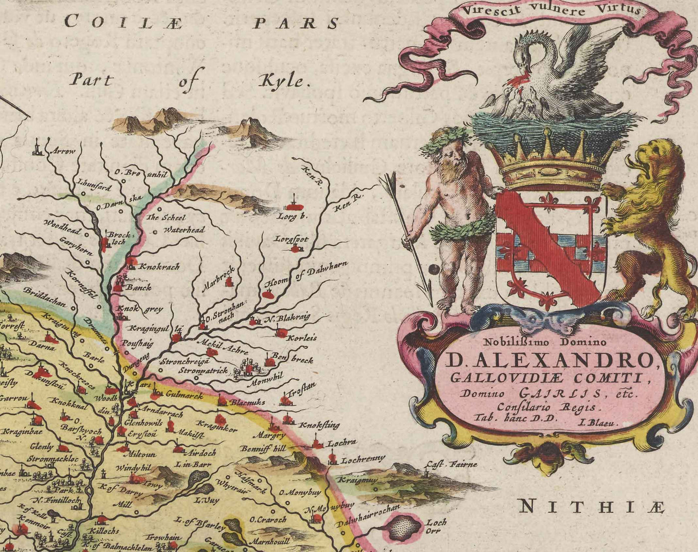 Alte Karte von Galloway im Jahr 1665 von Joan Blaeu - Dumfries, Glenluce, Wigtown, Whithorn, Drummore